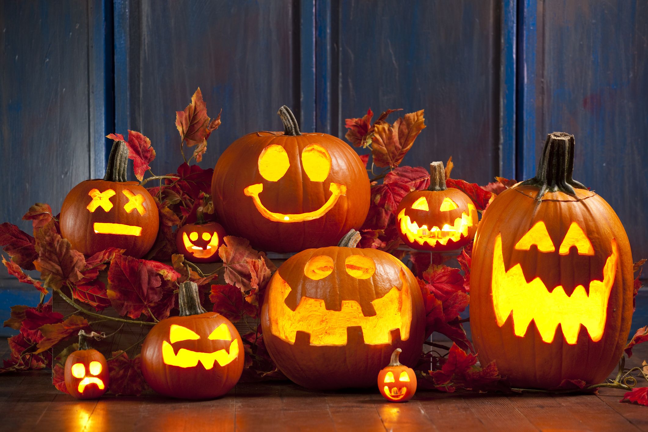 variety of jack o lanterns with lights